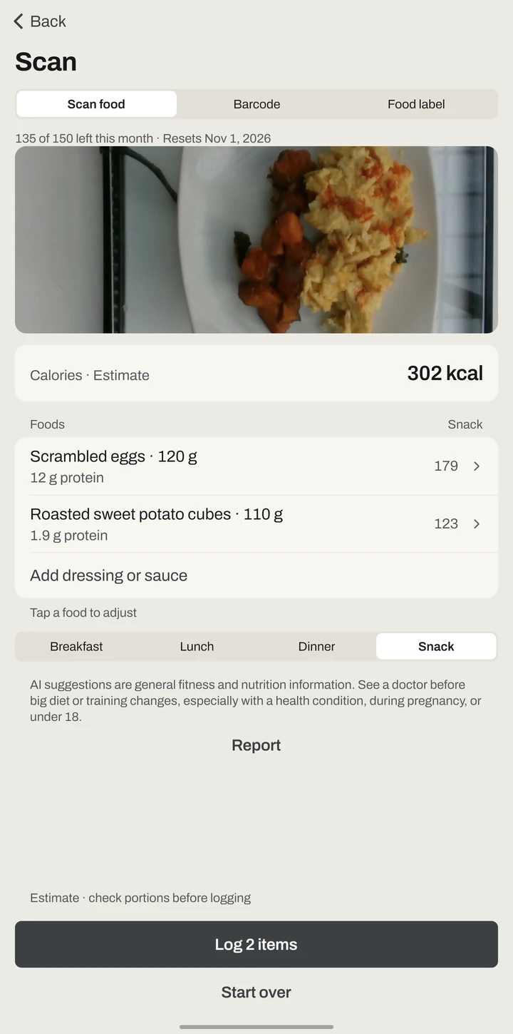 AI scan result: scrambled eggs 120 g and roasted sweet potato cubes 110 g, 302 kcal estimate.