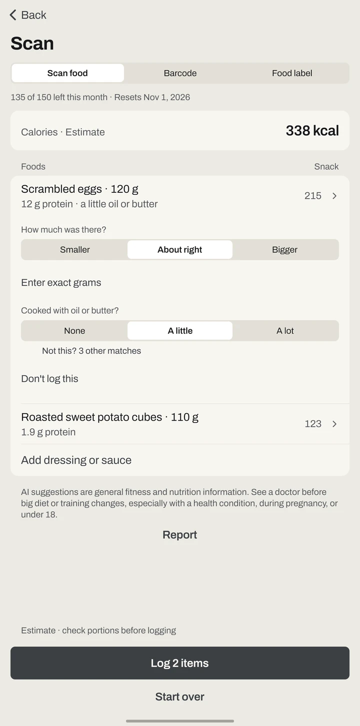 A little oil or butter selected: egg calories go from 179 to 215.
