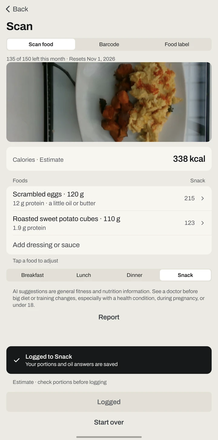 Logged to Snack: your portions and oil answers are saved.